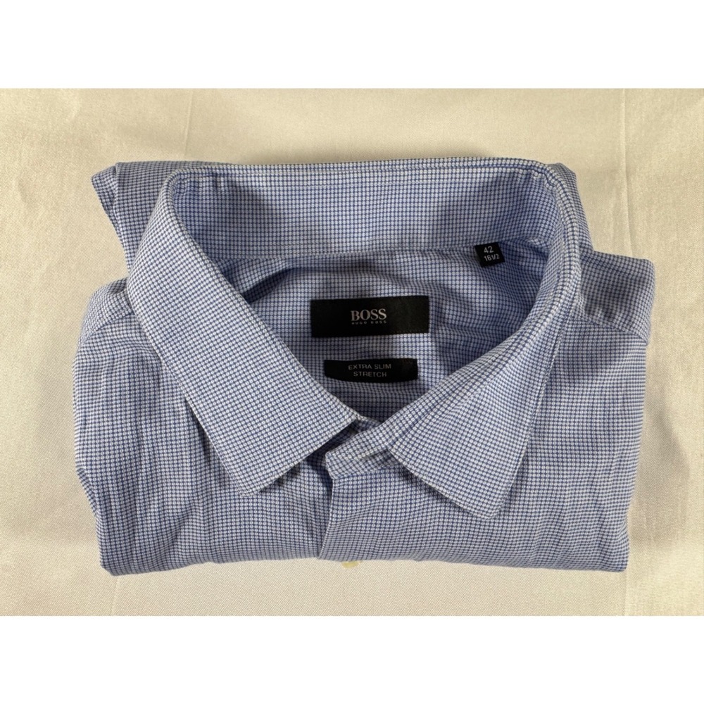 BOSS Hugo Boss Mens Extra Slim Stretch Dress Shirt Blue Micro Check 42 16.5